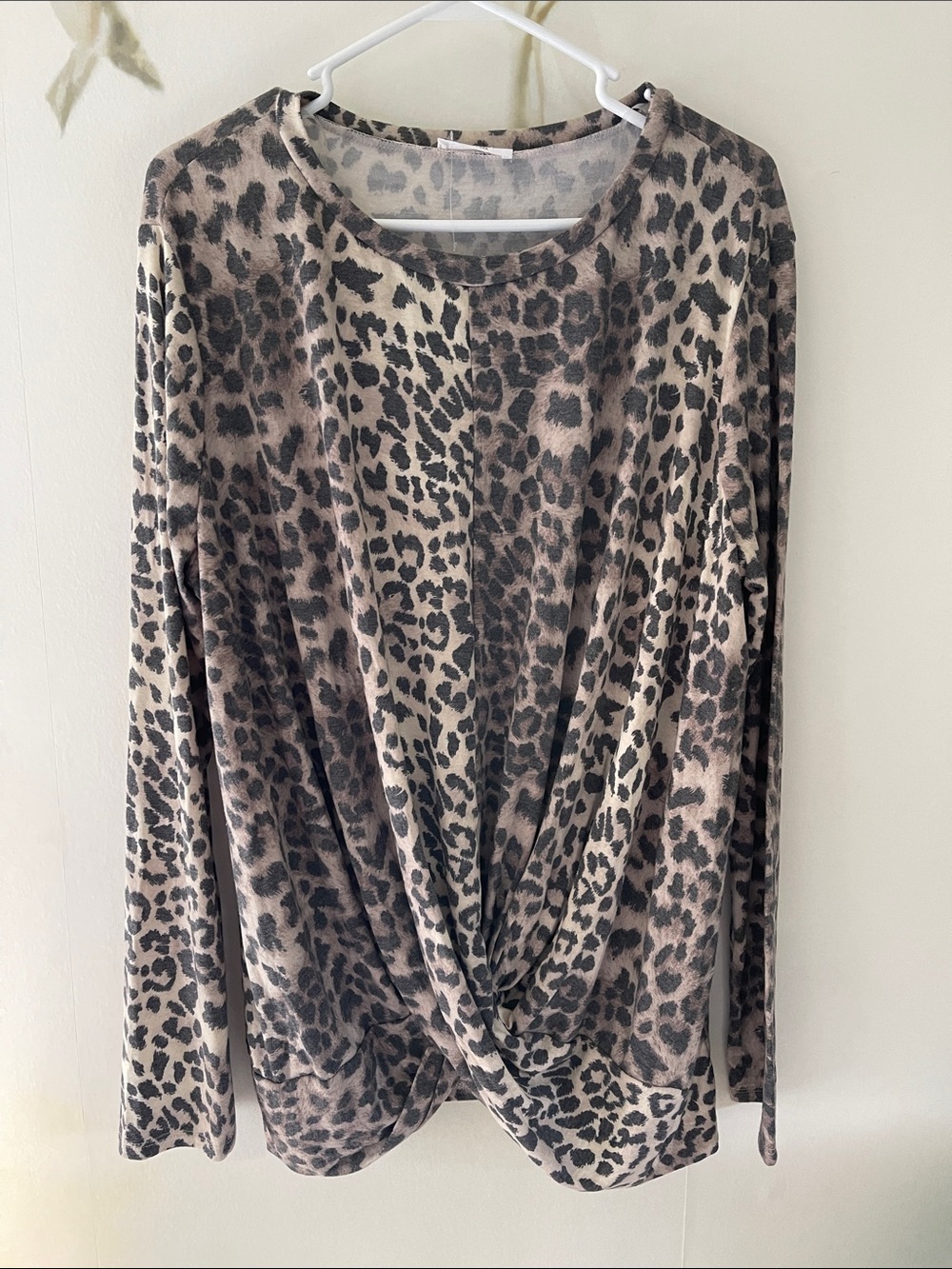 Chicsoul Knit Leopard Print Long Sleeve Twist Front Top - Brown/Cream